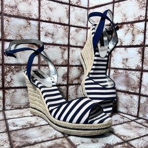 White House Black Market White Navy Striped Espadrille Wedge Sandals - Women
